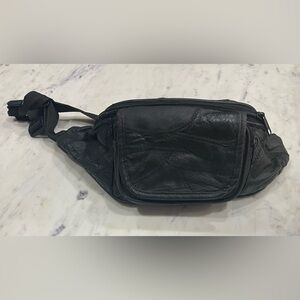 Vintage 90s Black Patchwork Leather Fanny Pack Waist Bag Bonus Front Pocket